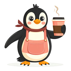 Obraz premium Cute penguin barista wearing apron and scarf holding steaming coffee cup with cheerful expression