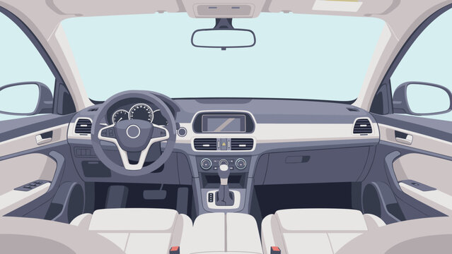 modern car interior front view with steering wheel dashboard and seats vector illustration