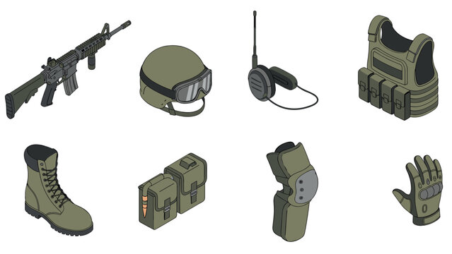 set of military tactical equipment hand drawn illustrations including rifle helmet communication device vest boots ammo pouch knee protection and gloves