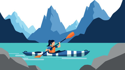 Fototapeta premium woman kayaking on turquoise lake with mountains in flat vector style