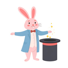 Pink rabbit magician in blue suit performing magic with top hat and sparkling stars, whimsical playful illustration cheerful
