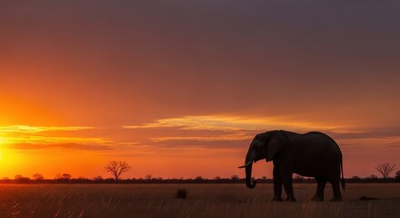 Fototapeta premium Majestic elephant silhouette at sunset in savannah with vibrant orange and purple sky, serene landscape with trees and grass