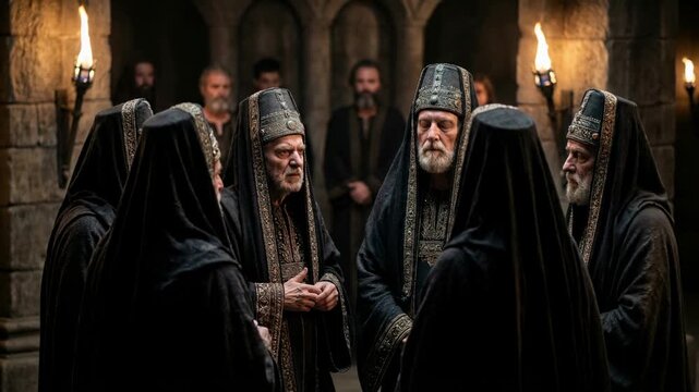 Group of solemn men in ancient attire discussing, engaged in a serious and introspective conversation in an old stone room
