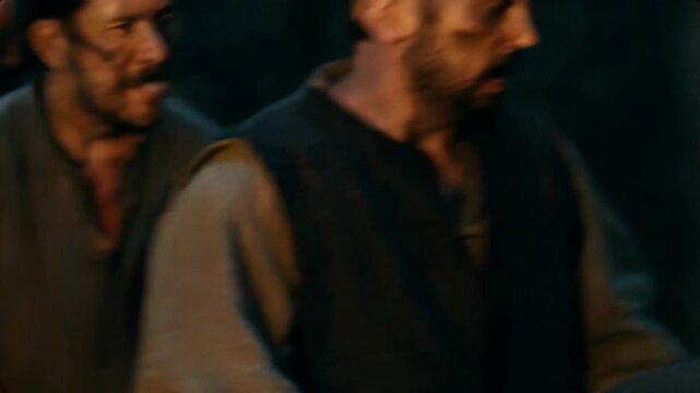 Mans denial during a mob confrontation, with men pointing fingers and accusing during holy week.