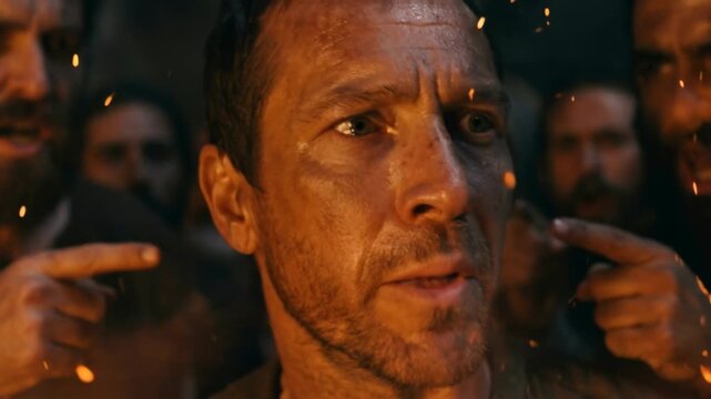 Caucasian man looks startled as angry crowd points fingers, cinematic depiction of historical denial and accusation concept for epic drama