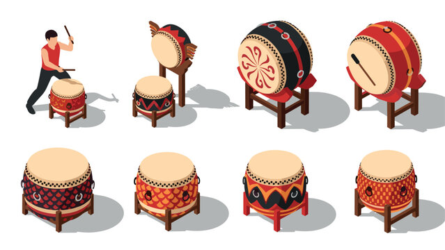 set of traditional taiko drums with a person playing in isometric style colorful illustration