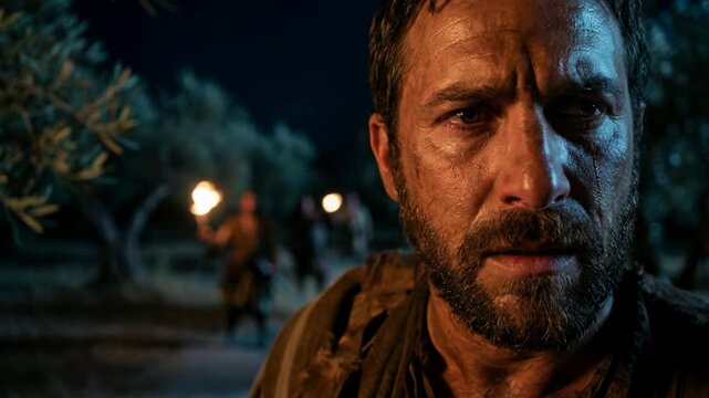 Man holding a sword, preparing for a confrontation during the arrest of Christ in Gethsemane, biblical story