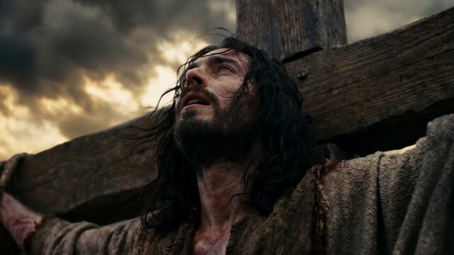 Man on cross looking up, suffering anguish and pain. Passion of Jesus Christ. Biblical scene of crucifixion on Good Friday.
