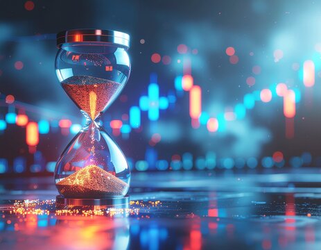 An hourglass filled with glowing sand measures time against an abstract data graph, symbolizing time management.