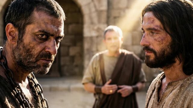 Biblical portrayal of Jesus and Barabbas in a tense scene, with a roman governor observing their confrontation, capturing a gospel narrative.