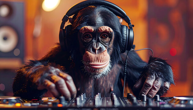 Playful chimpanzee DJ with headphones mixing music in studio, colorful lighting and energetic mood