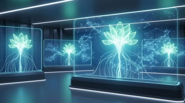 A futuristic video showcasing glowing blue lotus flowers in a modern display room with neon lights
