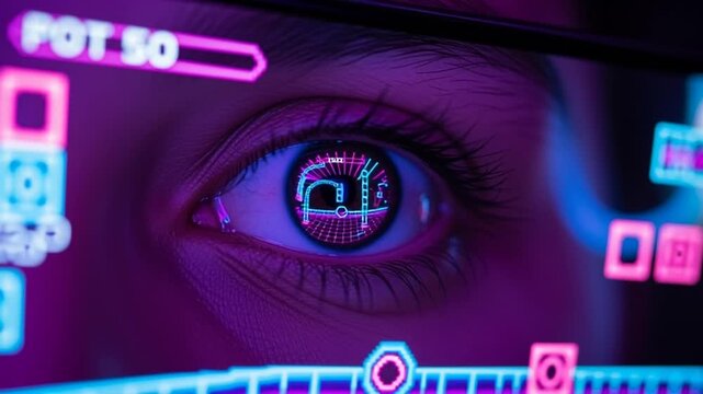 A futuristic video representation of a human eye with neon digital interface elements reflecting in the iris.