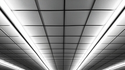 A close up of a ceiling in an office building features gray grid tiles and white fluorescent lights with rectangular LED strips creating a stark contrast.