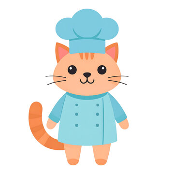 Cute chef cat wearing blue chef hat and coat smiling in pastel flat vector illustration playful culinary character