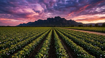 Wide angle landscape photography of a lush green cotton field with white bolls in symmetric rows under a dramatic purple and orange sunset sky with a silhouette of jagged mountains in the background