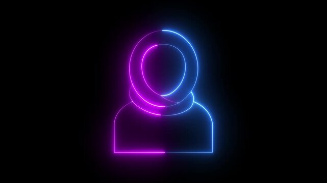 glowing neon Muslim woman icon isolated on black background. Woman wearing hijab icon. wearing hijab, Muslim woman symbol, headscarf silhouette, Islamic female icon. 4k video animation.