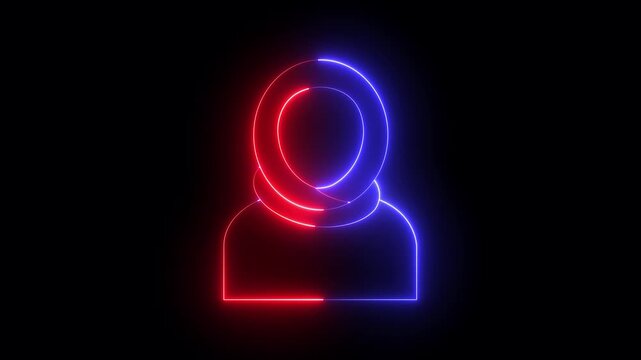 glowing neon Muslim woman icon isolated on black background. Woman wearing hijab icon. wearing hijab, Muslim woman symbol, headscarf silhouette, Islamic female icon. 4k video animation.