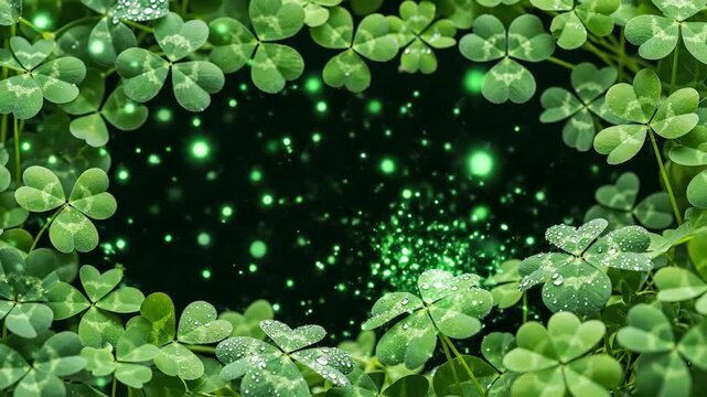 Fresh clover leaves frame with sparkling green light on dark