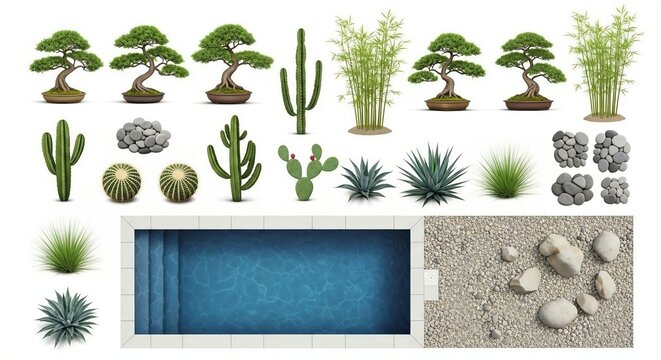 Top view pool with bonsai cactus bamboo and desert plants set