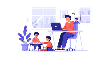 Fototapeta premium Work from Home Dad Juggling Remote Work and Childcare with Kids Playing Nearby During Online Meeting - Illustration