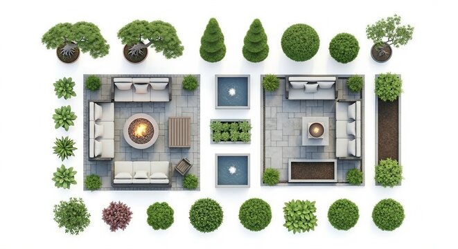 Top view patio lounge layout with fire pit water feature and garden plants