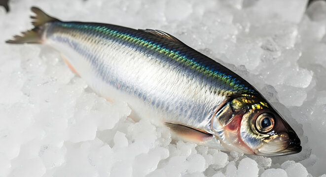 Fresh Raw Herring Fish on Crushed Ice, Silver Scaled Atlantic Sardine for Seafood Market