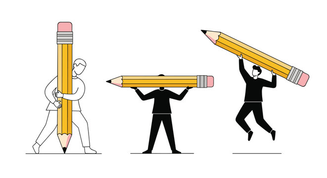 Minimalist business characters with giant pencils for creative writing and storytelling concept vector