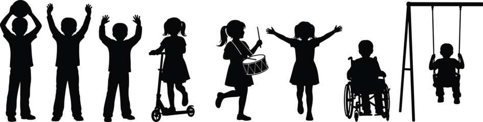 Diverse children silhouettes set playing with scooter drum and swing including child in wheelchair for inclusive playground vector design concept