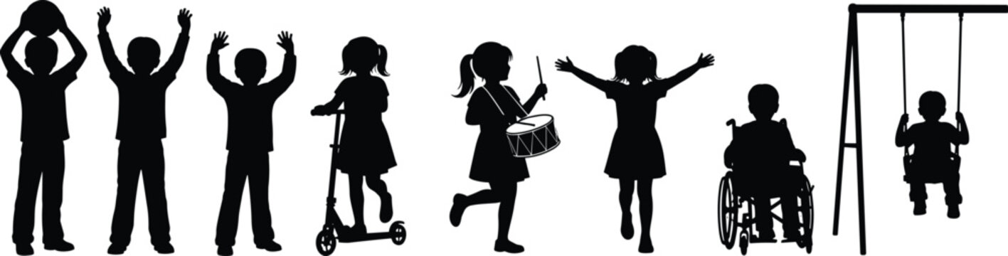 Diverse children silhouettes set playing with scooter drum and swing including child in wheelchair for inclusive playground vector design concept