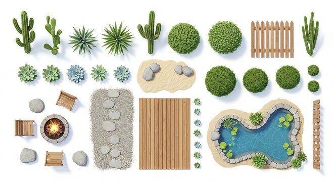 Backyard landscape elements set top view with pond fire pit deck and plants