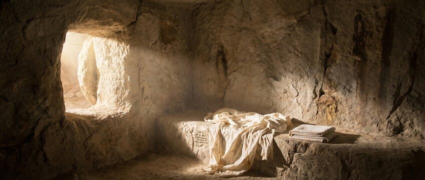 AI image of shroud draped over a stone inside the tomb. Interior of Empty Tomb of Jesus with Discarded Linen Shrouds and Folded Face Cloth -  Auferstehung Jesu leeres Grab