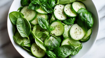Obraz premium A white bowl filled with a fresh cucumber and basil salad on a marble surface