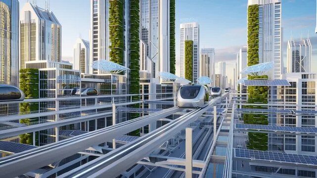 A futuristic monorail train travels through a sleek and modern cityscape in a video showcasing advanced urban transportation
