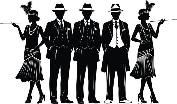 Elegant 1920s Roaring Twenties Silhouette Group with Flapper Women Holding Cigarette Holders and Men in Vintage Suits Fedoras and Art Deco