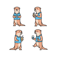 Naklejka premium Cartoon otter using different gadgets in various poses with copy space