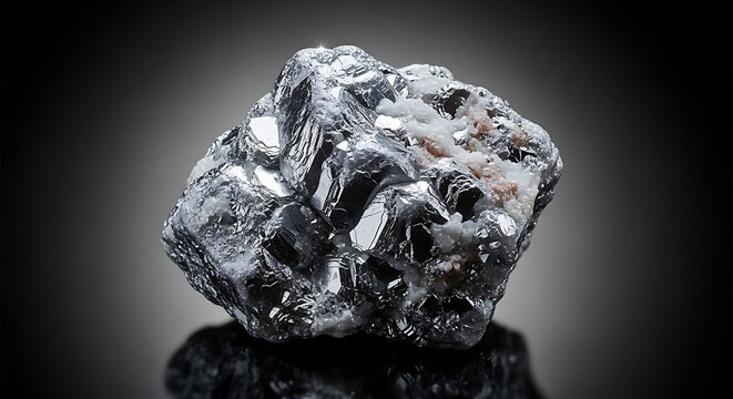 Raw Silver Ore Mineral Specimen with Metallic Luster and Crystalline Texture on Black Background