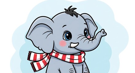 Cute cartoon elephant with scarf smiling.