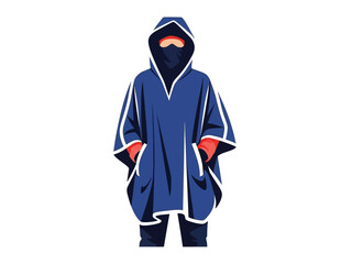 Person wearing a blue hooded poncho with white trim and orange gloves.