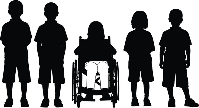 Group of children silhouettes including a girl in a wheelchair standing together for diversity inclusion equality and disability awareness concept.