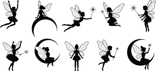 Magical fairy silhouettes with wings and wands, enchanting vector illustration featuring crescent moons, whimsical poses, fantasy art design inspiration. © Mst