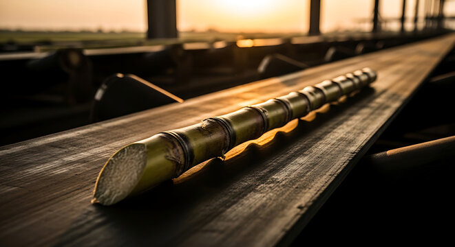 Fresh Sugarcane Stalk on Industrial Conveyor Belt in Sugar Refinery at Sunset