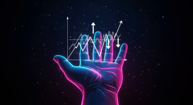 Glowing hand with neon lines and arrows in space
