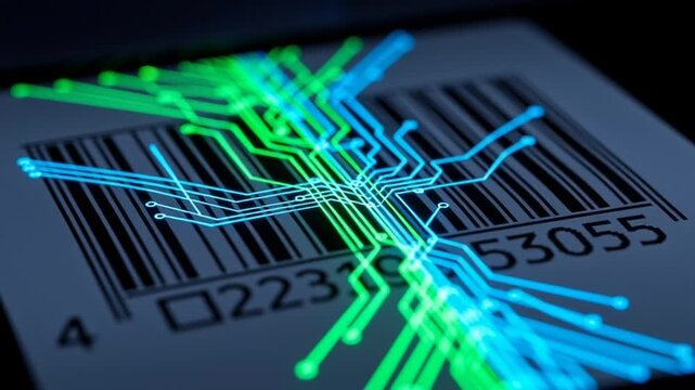 A video showcasing a futuristic barcode with neon circuit lines glowing in blue and green hues on a dark background