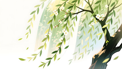 Naklejka premium Sunlit willow leaves with translucent texture in spring