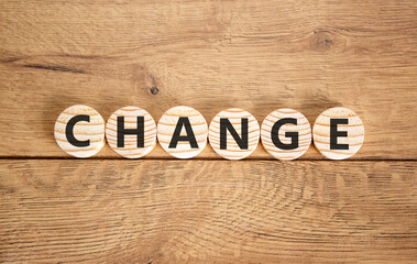 Change symbol. Concept word Change on beautiful wooden circles. Beautiful wooden background. Business change concept. Copy space.