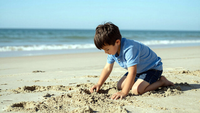 Un ni&ntilde;o peque&ntilde;o est&aacute; agachado en una playa de arena, aparentemente jugando con la arena