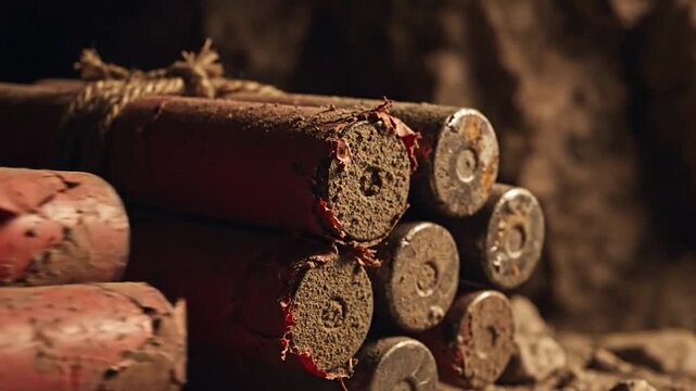 Old red cylinders tied with rope in dusty environment