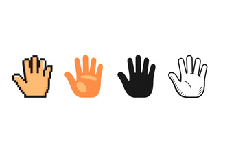 Obraz premium Set of four stylized hand icons showing different graphic styles and colors, including pixelated, flat orange, solid black, and outlined gesture symbols