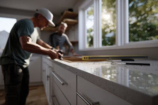 Two men skillfully installing a countertop in a sunlit kitchen, showcasing collaboration and craftsmanship in home improvement and renovation projects.